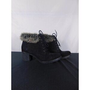 Sophie17 Black Faux Fur Lace-Up Ankle Boots 11 - Chunky Heel Winter - Excellent